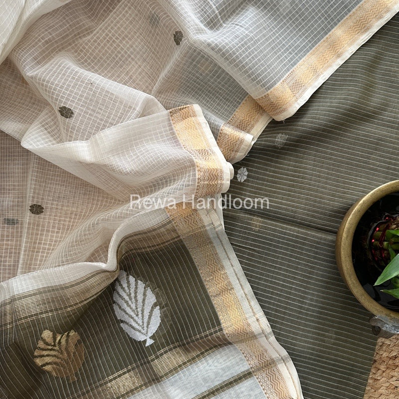 Maheshwari Light Olive Green-White Katan Motifs Top Dupatta Sets KBS077