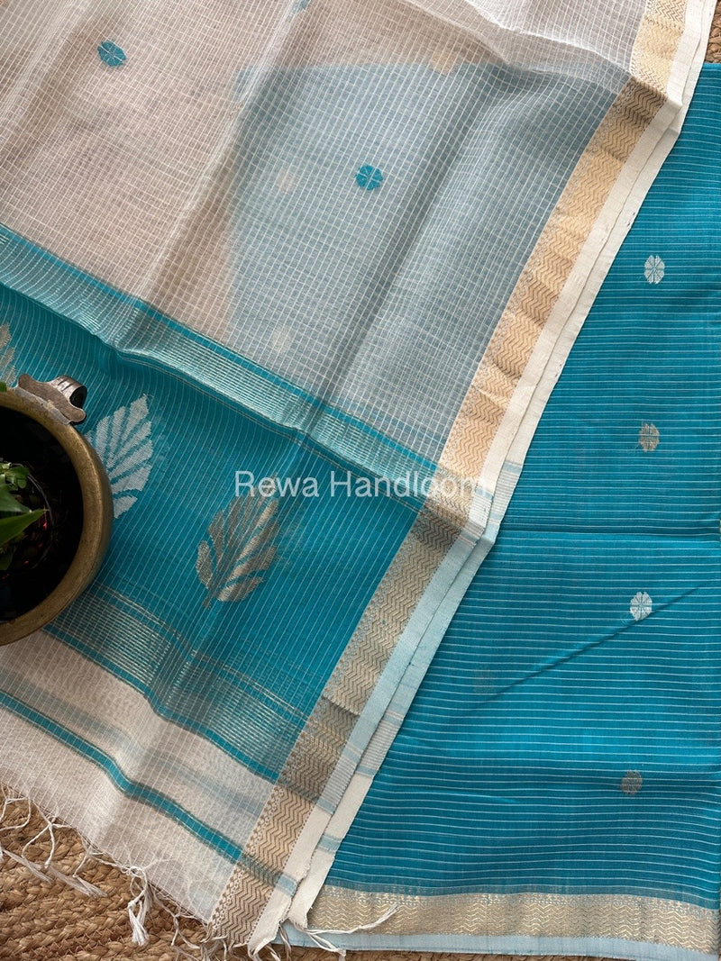 Maheshwari Firozi Blue-White Katan Motifs Top Dupatta Sets KBS04