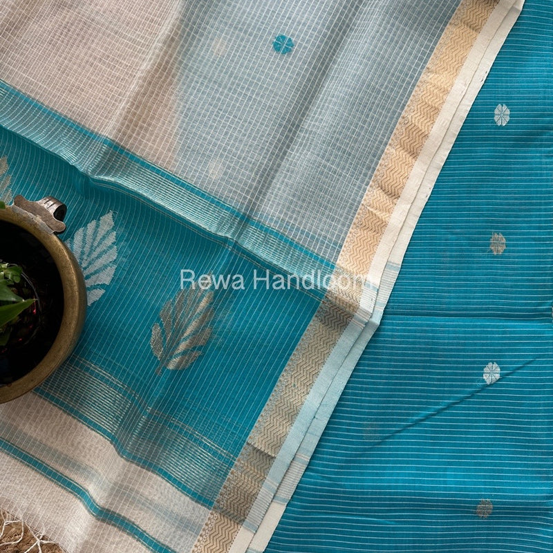 Maheshwari Firozi Blue-White Katan Motifs Top Dupatta Sets KBS04
