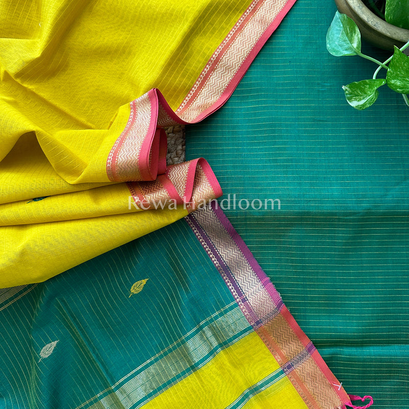 Maheshwari Green-Yellow Motifs Top-Dupatta Set-PST055