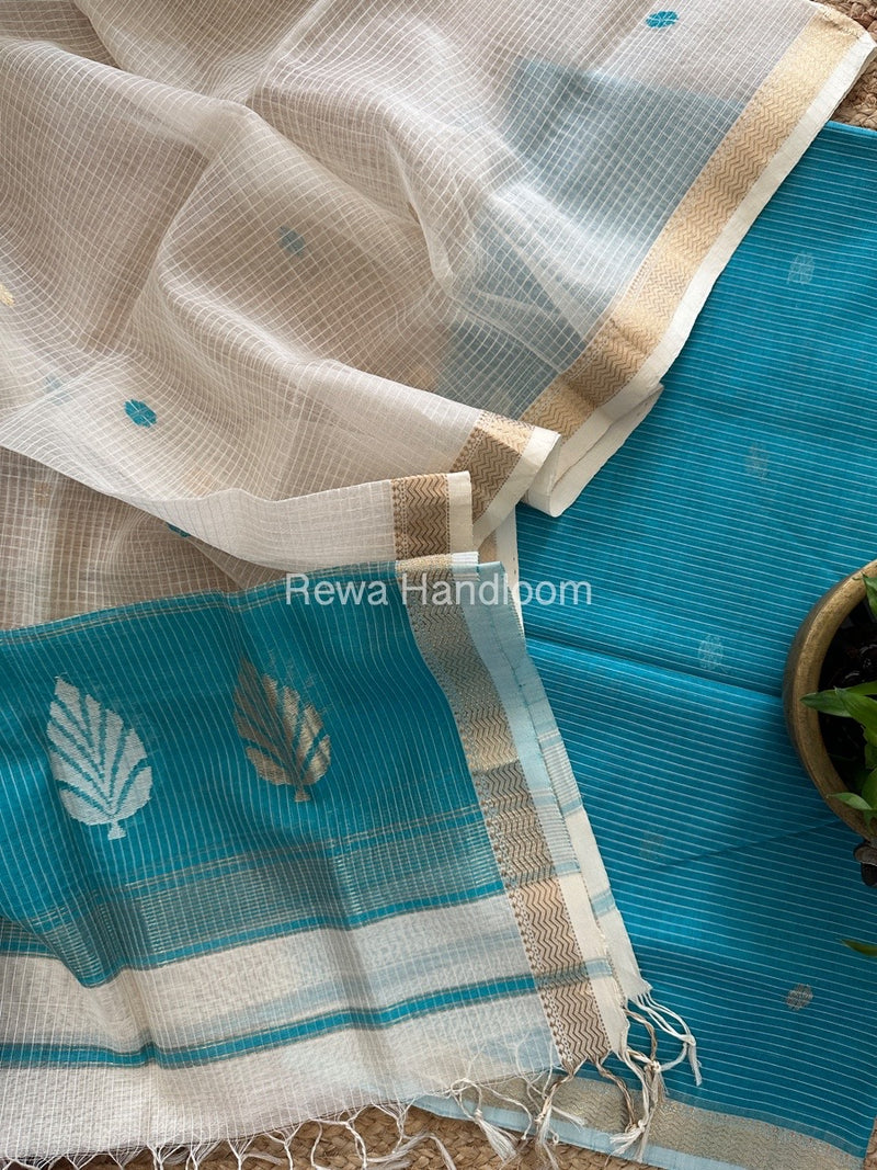 Maheshwari Firozi Blue-White Katan Motifs Top Dupatta Sets KBS04