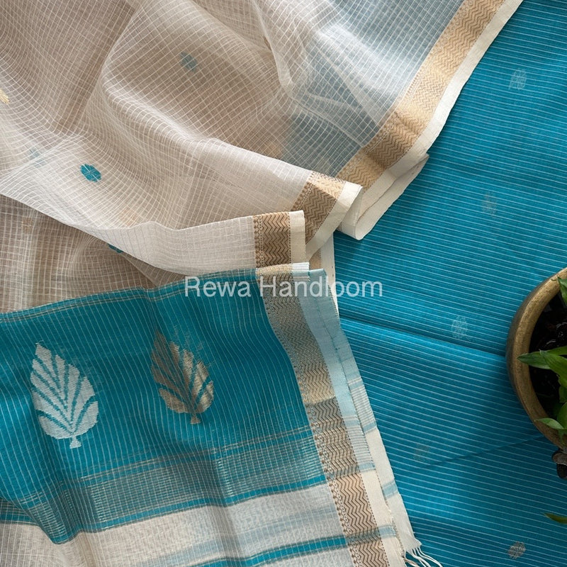 Maheshwari Firozi Blue-White Katan Motifs Top Dupatta Sets KBS04