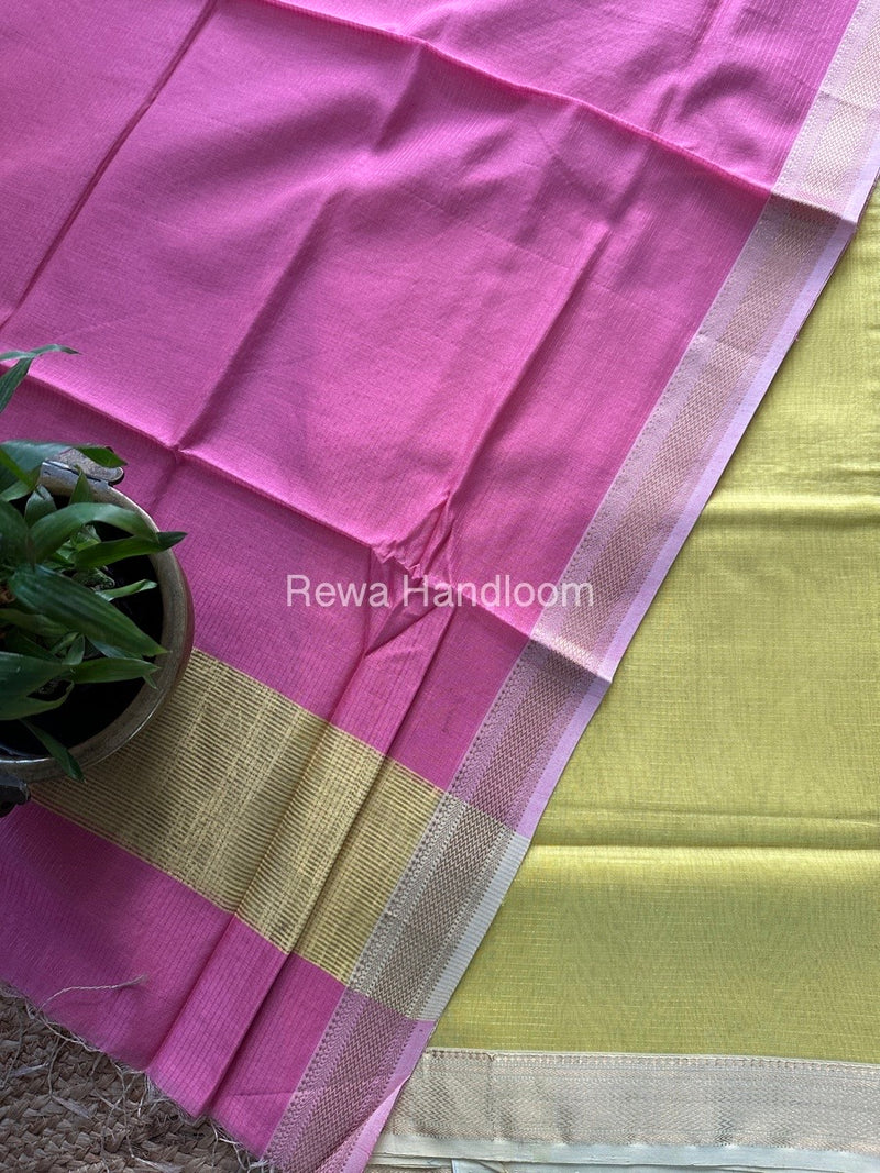 Maheshwari Lemon Yellow-Pink Tissue Top-Dupatta TTP01