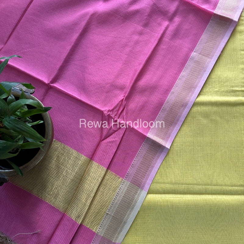 Maheshwari Lemon Yellow-Pink Tissue Top-Dupatta TTP01