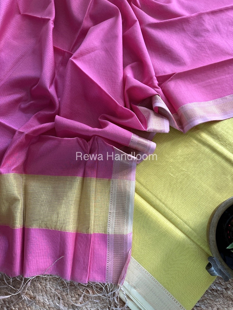 Maheshwari Lemon Yellow-Pink Tissue Top-Dupatta TTP01