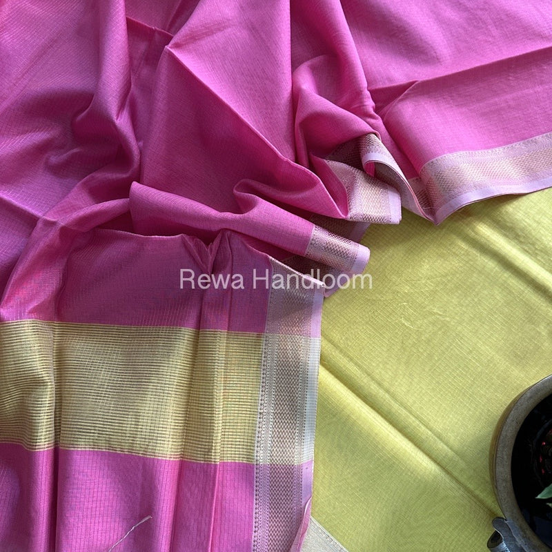 Maheshwari Lemon Yellow-Pink Tissue Top-Dupatta TTP01