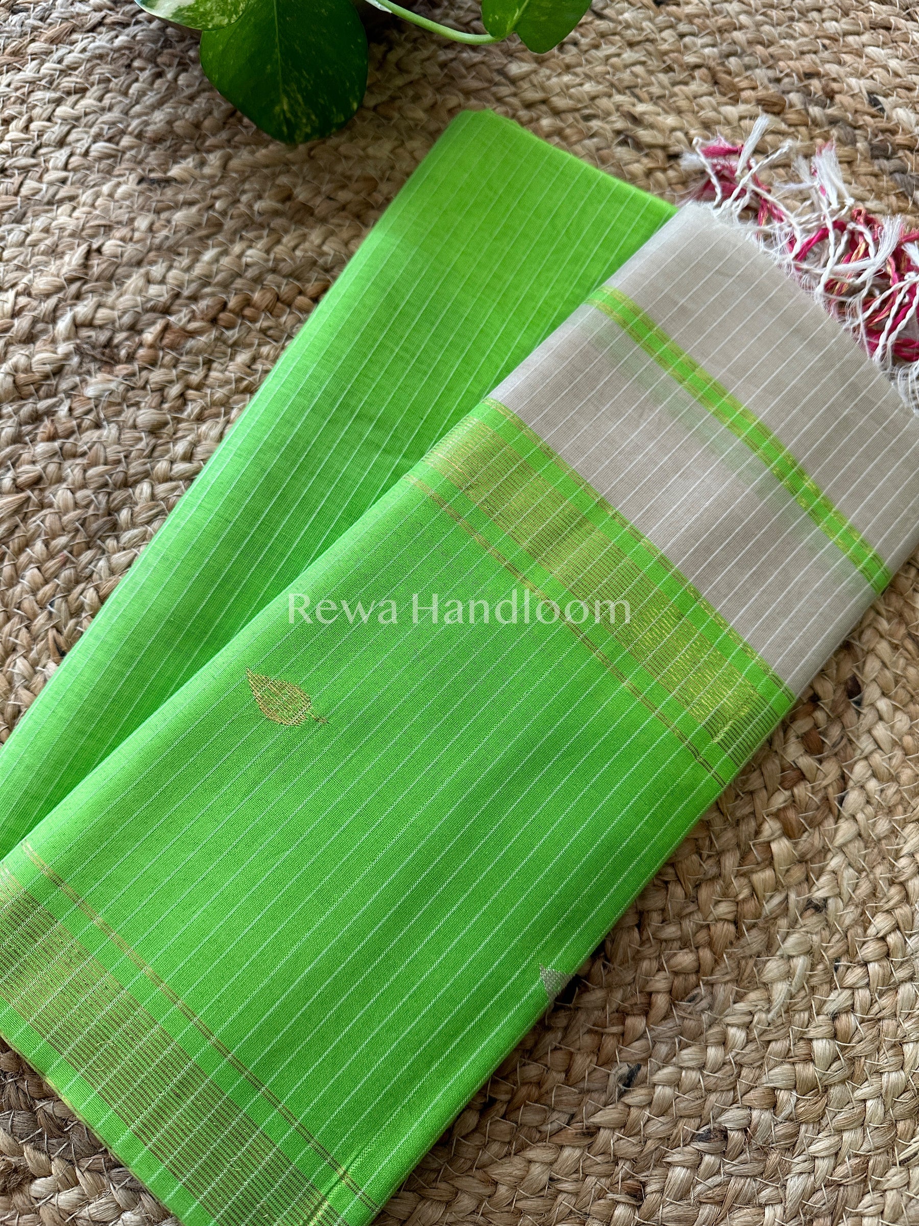 Maheshwari Parrot Green-Tasar Motifs Top-Dupatta Set-PST030