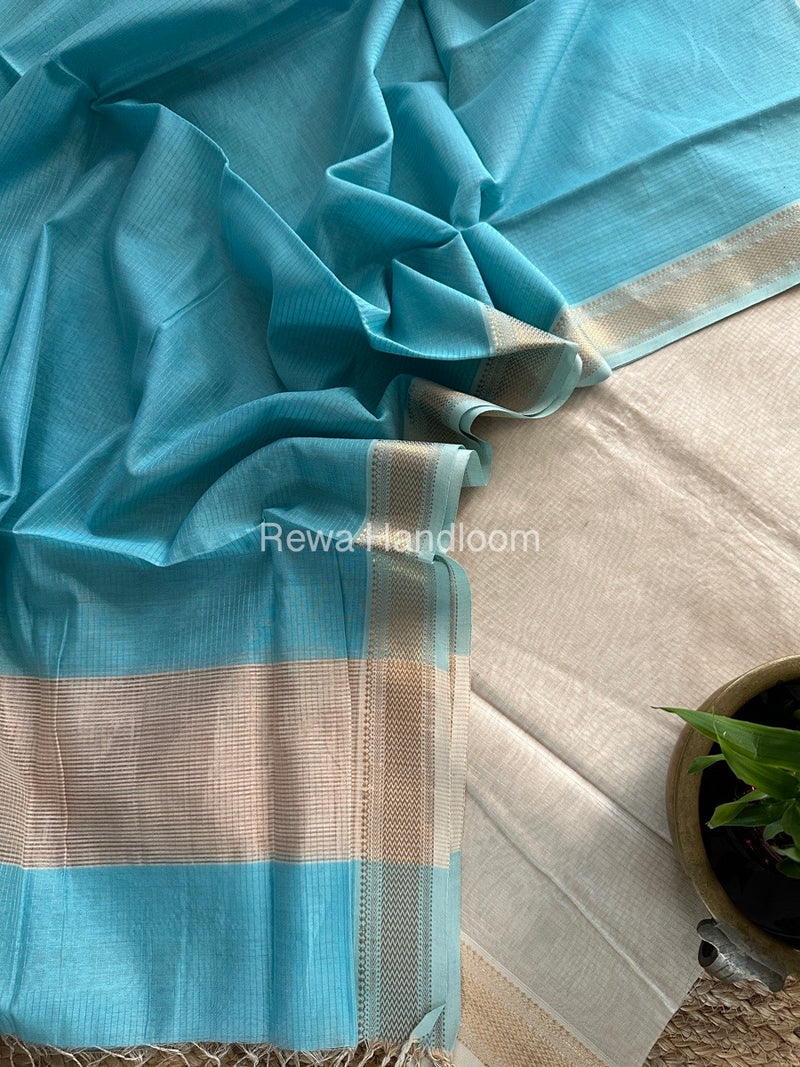 Maheshwari Off White-Sky Blue Tissue Top-Dupatta TTP03