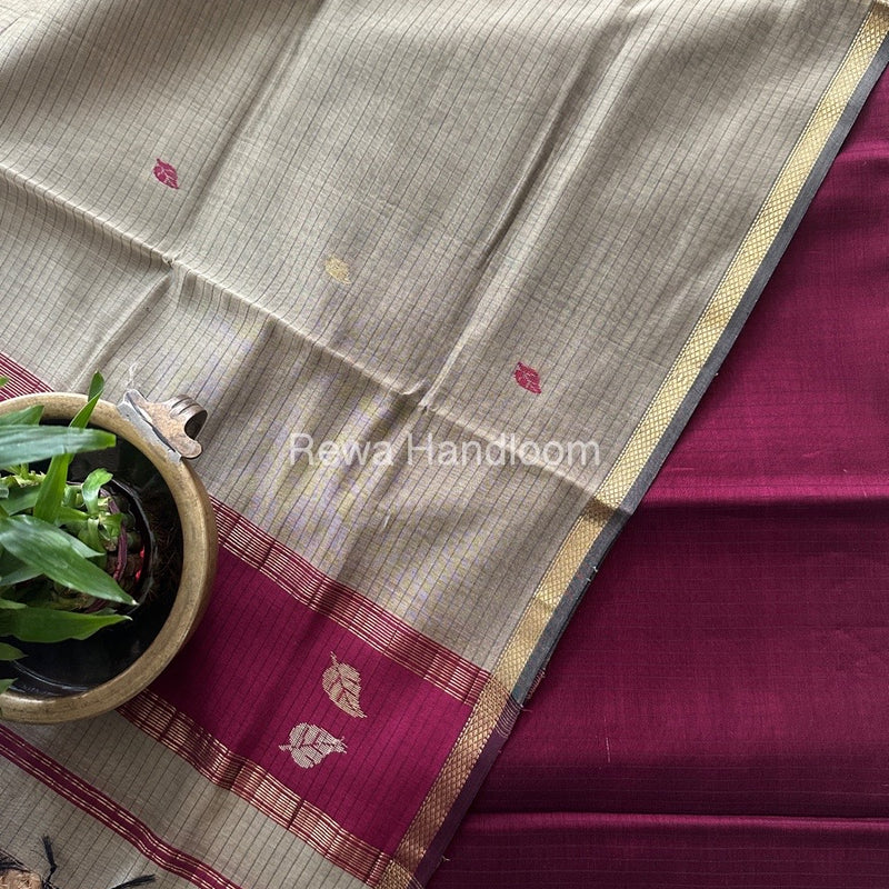 Maheshwari Wine-Beige Motifs Top-Dupatta Set MS0123