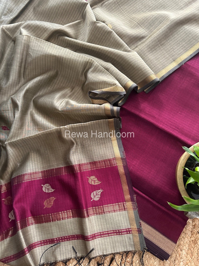 Maheshwari Wine-Beige Motifs Top-Dupatta Set MS0123