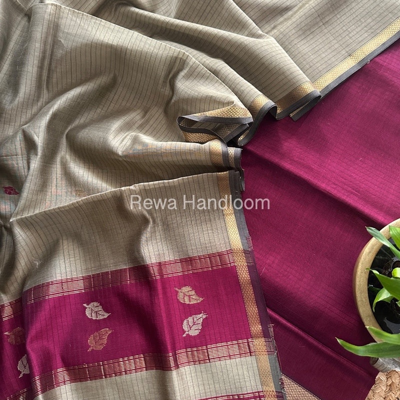 Maheshwari Wine-Beige Motifs Top-Dupatta Set MS0123