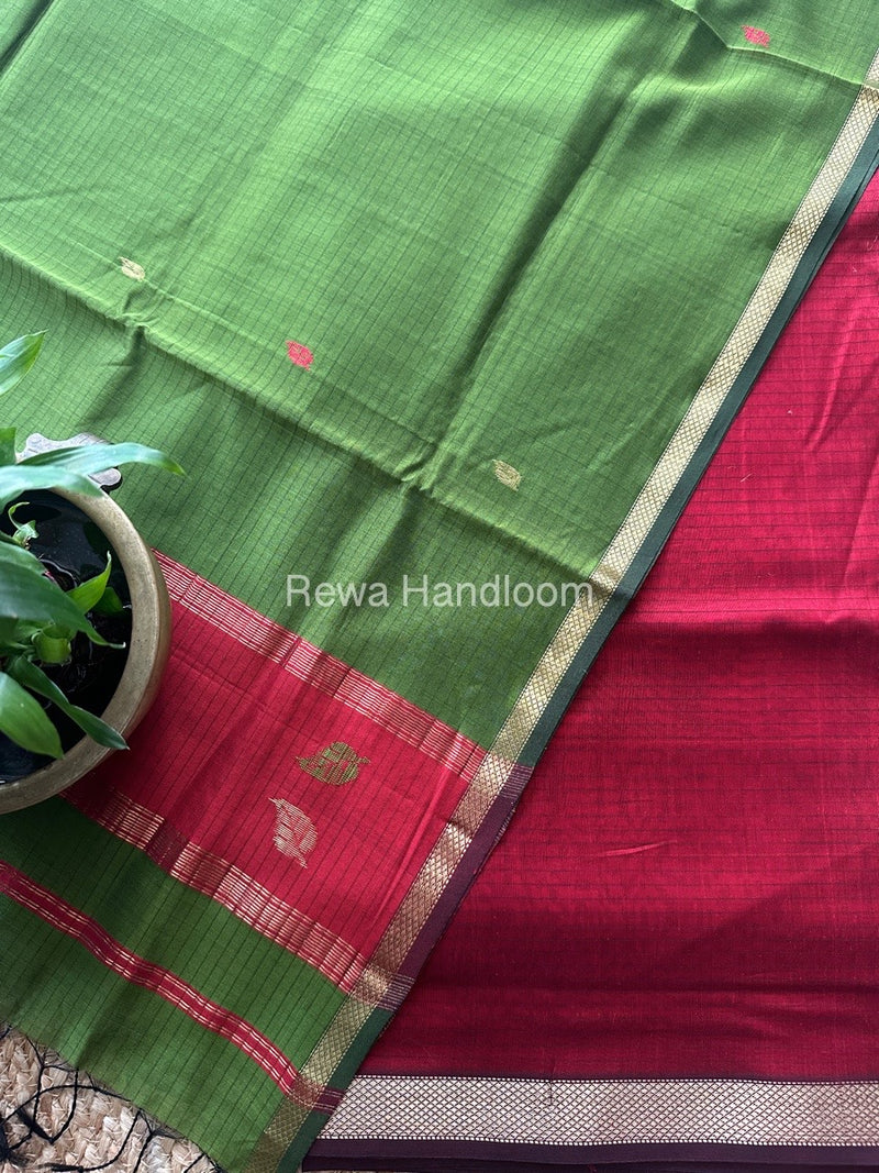 Maheshwari Red-Mehendi Green Motifs Top-Dupatta Set MS0124