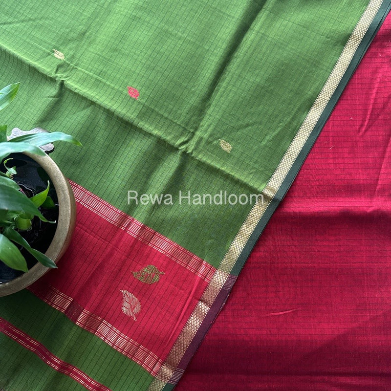 Maheshwari Red-Mehendi Green Motifs Top-Dupatta Set MS0124