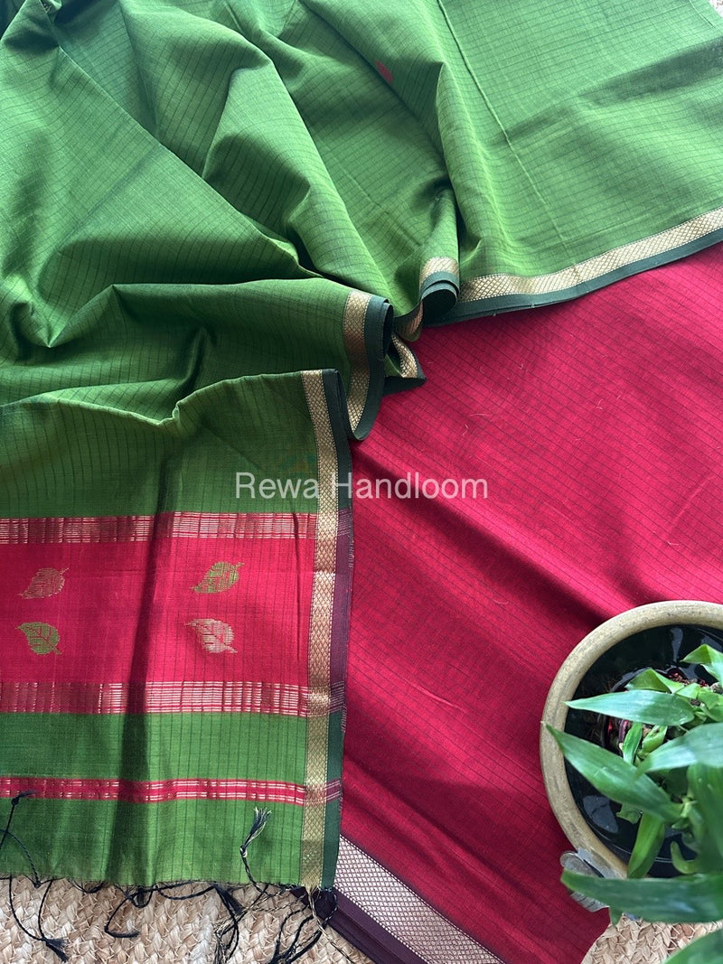 Maheshwari Red-Mehendi Green Motifs Top-Dupatta Set MS0124