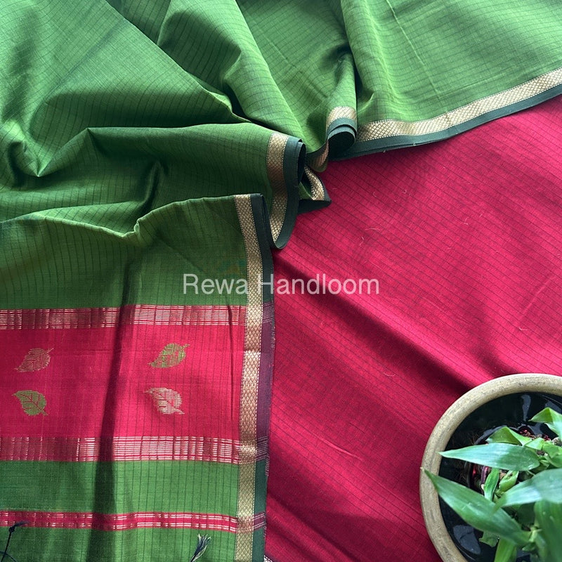 Maheshwari Red-Mehendi Green Motifs Top-Dupatta Set MS0124