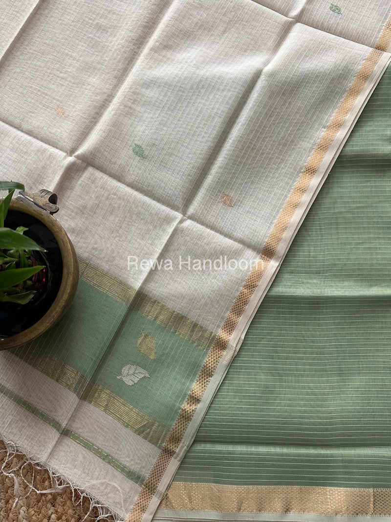 Maheshwari Light Pista Green-White Patti Butti Top-Dupatta Set MS029