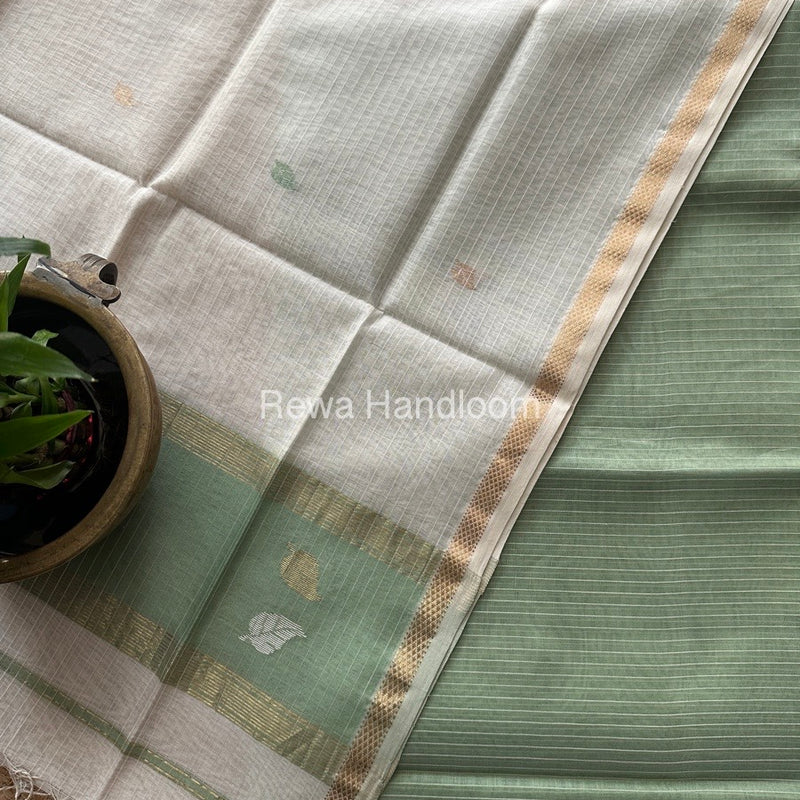 Maheshwari Light Pista Green-White Patti Butti Top-Dupatta Set MS029