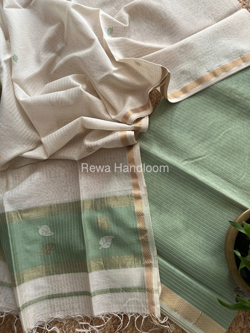 Maheshwari Light Pista Green-White Patti Butti Top-Dupatta Set MS029