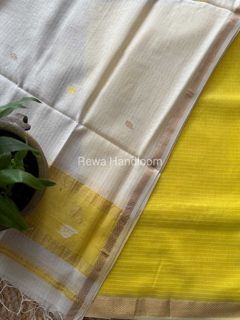 Maheshwari Yellow-White Patti Butti Top-Dupatta Set MS079