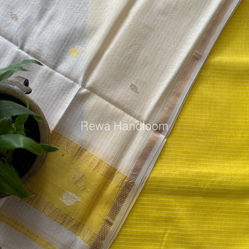 Maheshwari Yellow-White Patti Butti Top-Dupatta Set MS079