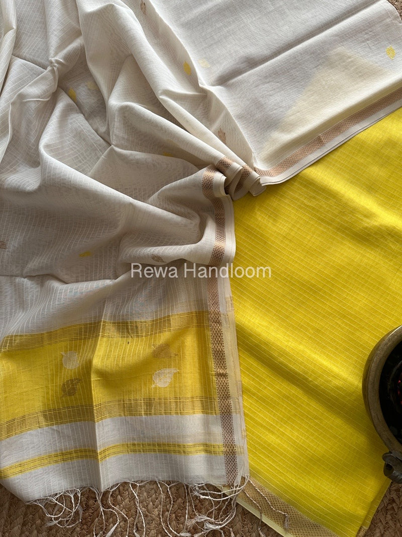 Maheshwari Yellow-White Patti Butti Top-Dupatta Set MS079
