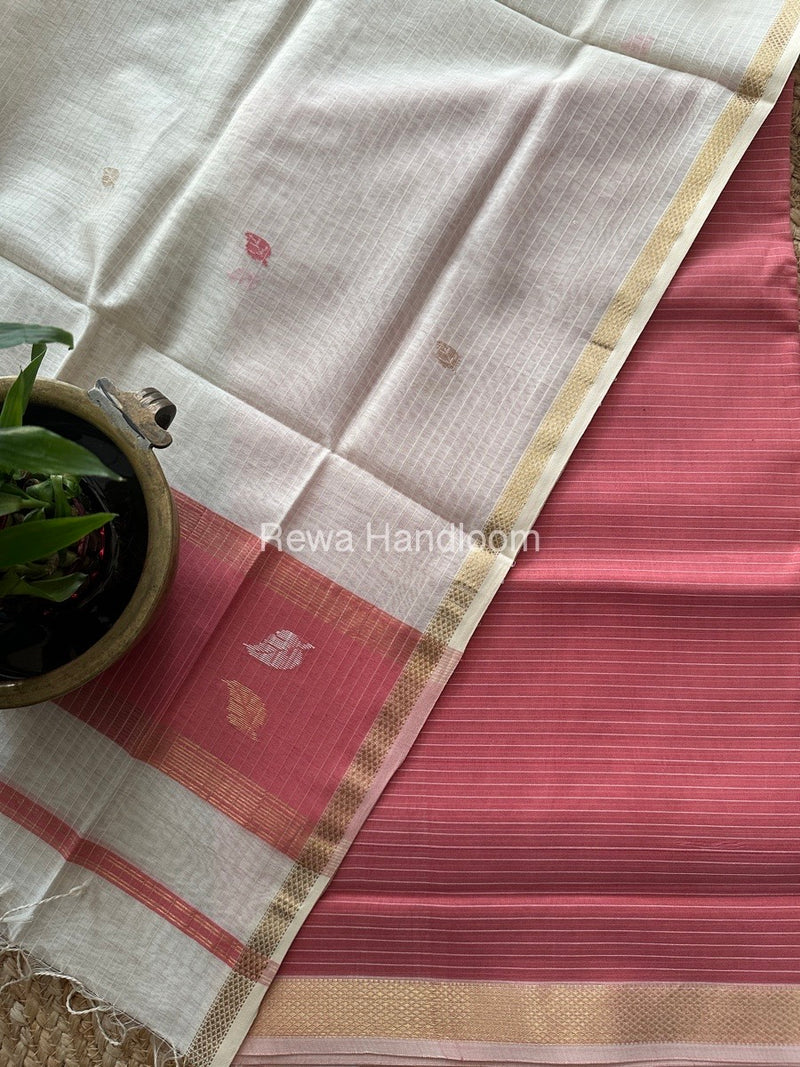 Maheshwari Onion Pink-White Motifs Top-Dupatta Set MS0125