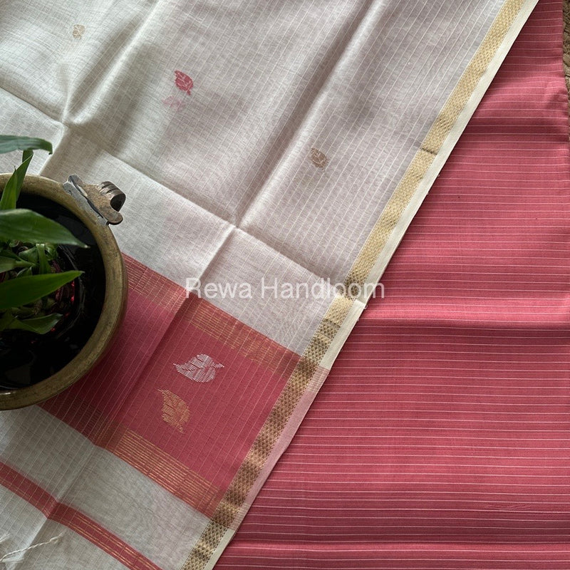 Maheshwari Onion Pink-White Motifs Top-Dupatta Set MS0125