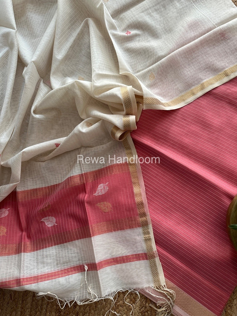 Maheshwari Onion Pink-White Motifs Top-Dupatta Set MS0125