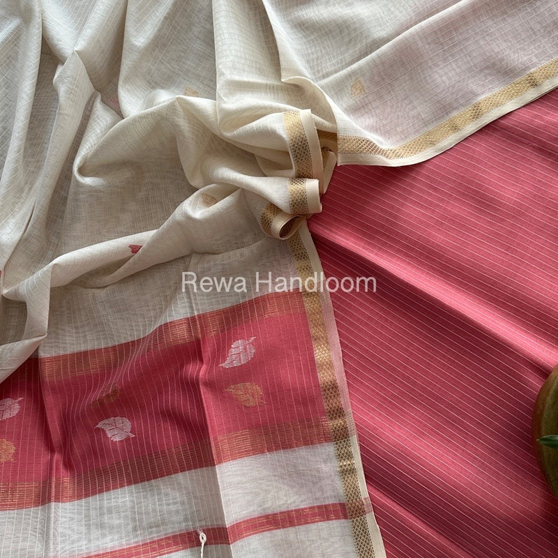 Maheshwari Onion Pink-White Motifs Top-Dupatta Set MS0125