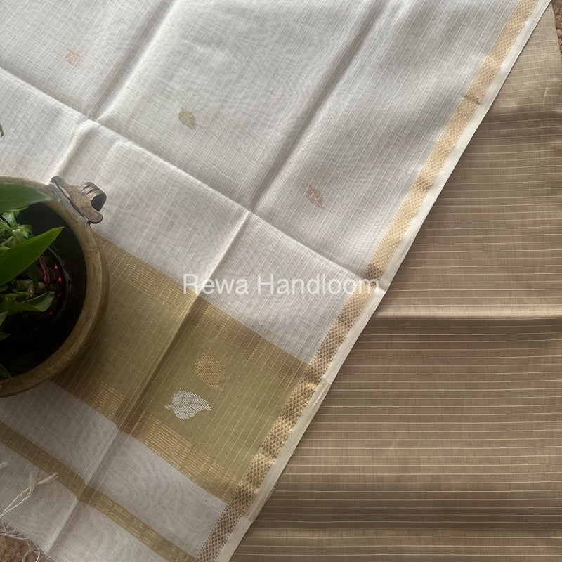 Maheshwari Beige-White Patti Butti Top-Dupatta Set MS077