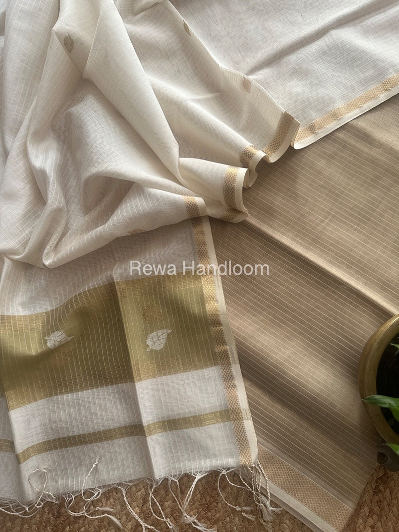 Maheshwari Beige-White Motifs Top-Dupatta Set MS0126