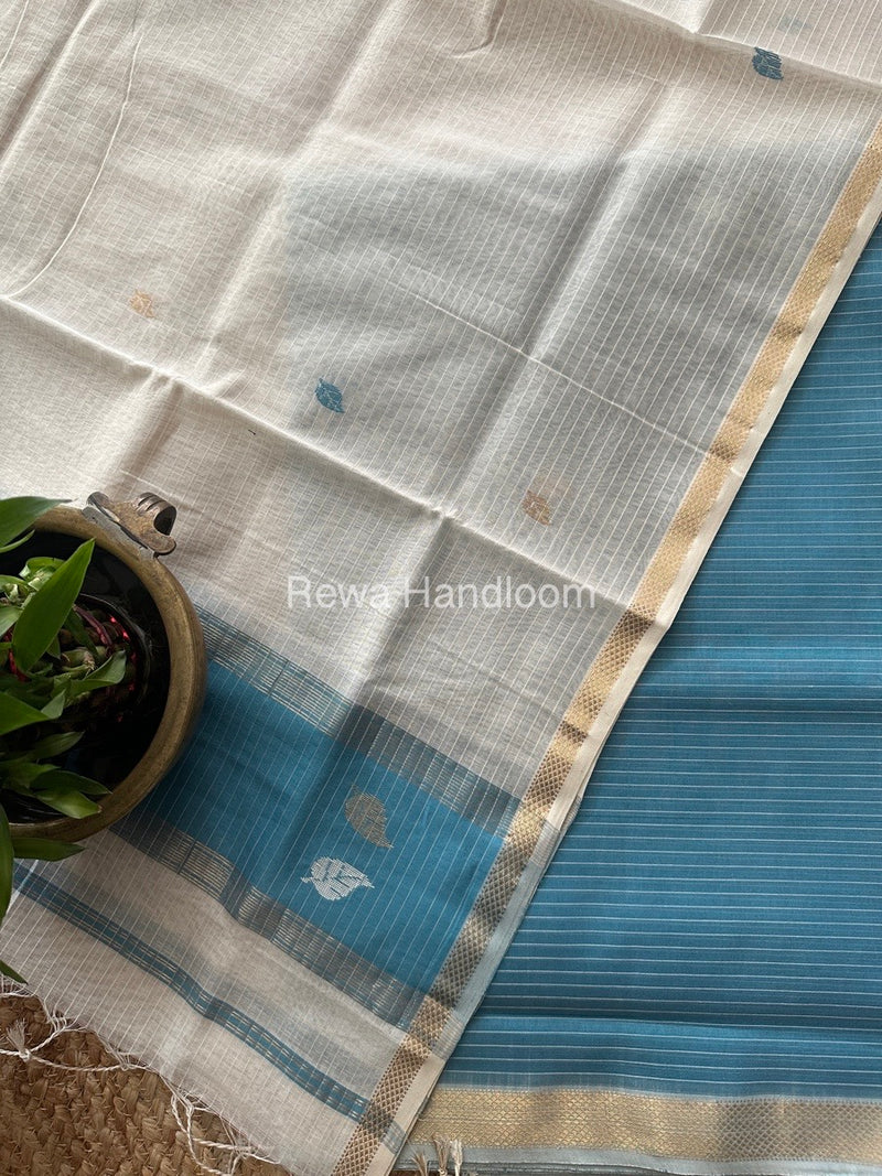 Maheshwari Teal Blue-White Motifs Top-Dupatta Set MS0116