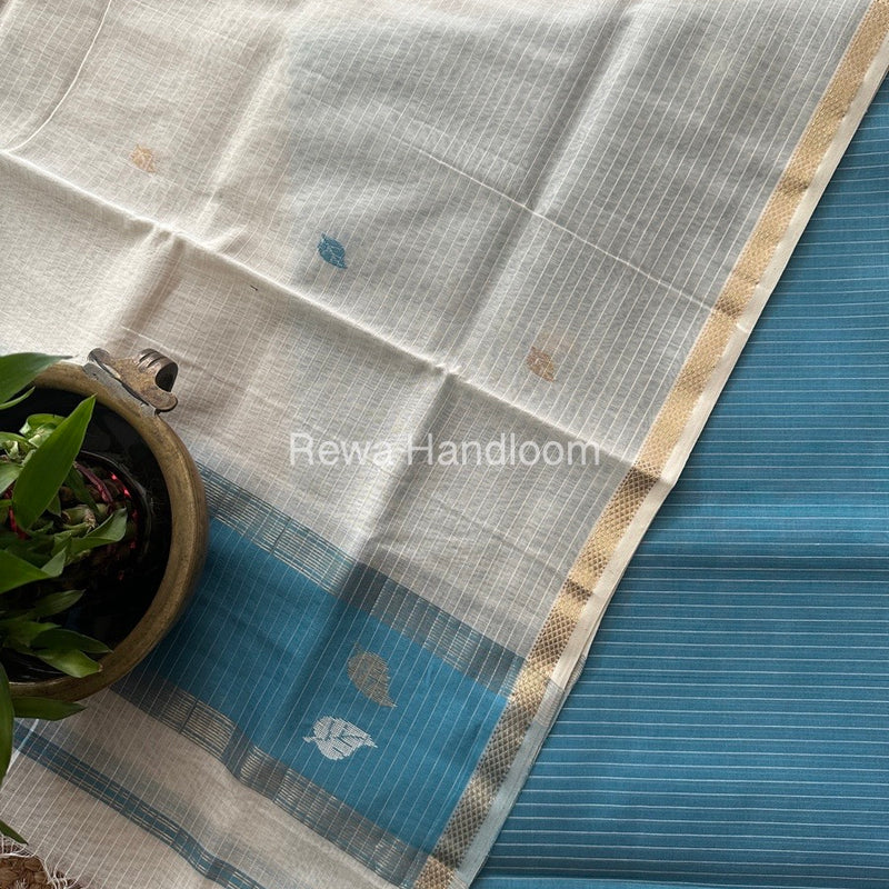 Maheshwari Teal Blue-White Motifs Top-Dupatta Set MS0116