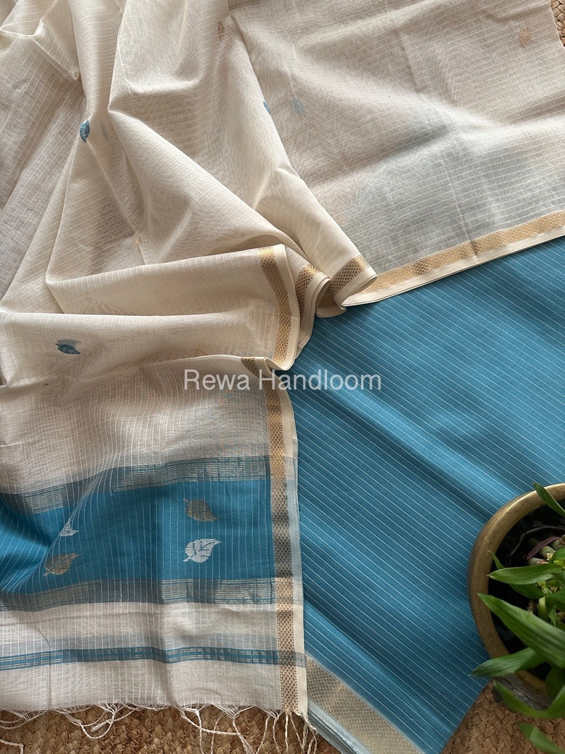 Maheshwari Teal Blue-White Motifs Top-Dupatta Set MS0116