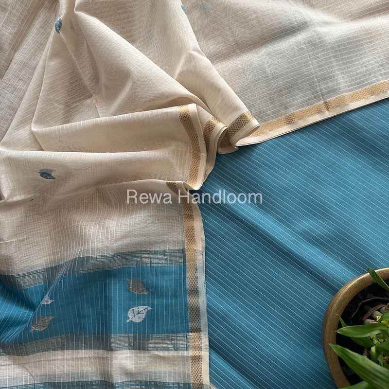 Maheshwari Teal Blue-White Motifs Top-Dupatta Set MS0116