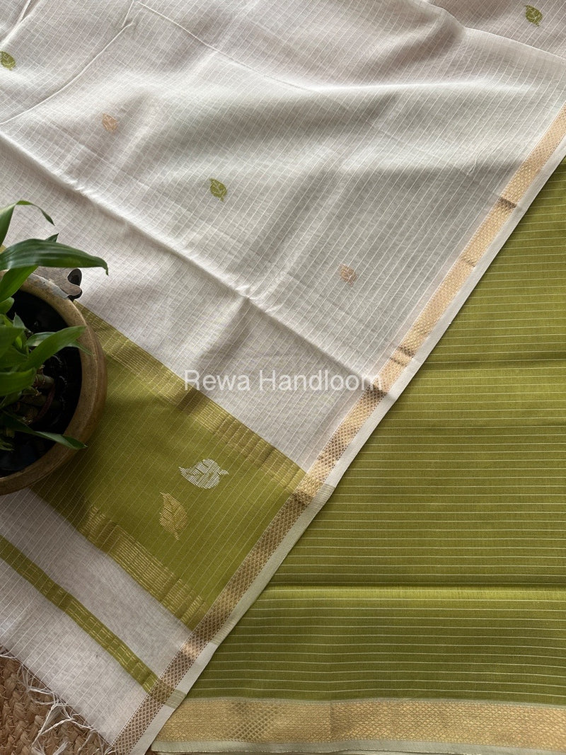 Maheshwari Mehendi Green-White Motifs Top-Dupatta Set MS0115