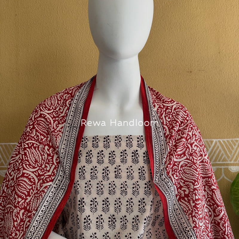 White-Maroon Bagh Print Cotton Suit BCS001