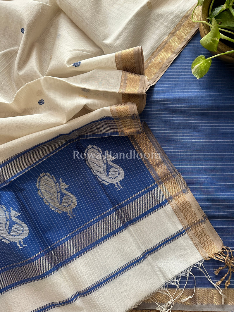 Maheshwari Blue-White Peacock Buta-Buti Top-Dupatta Set BTP02