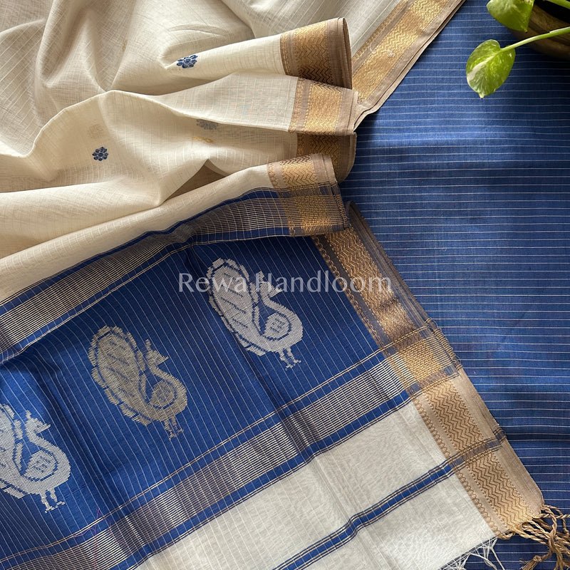Maheshwari Blue-White Peacock Buta-Buti Top-Dupatta Set BTP02