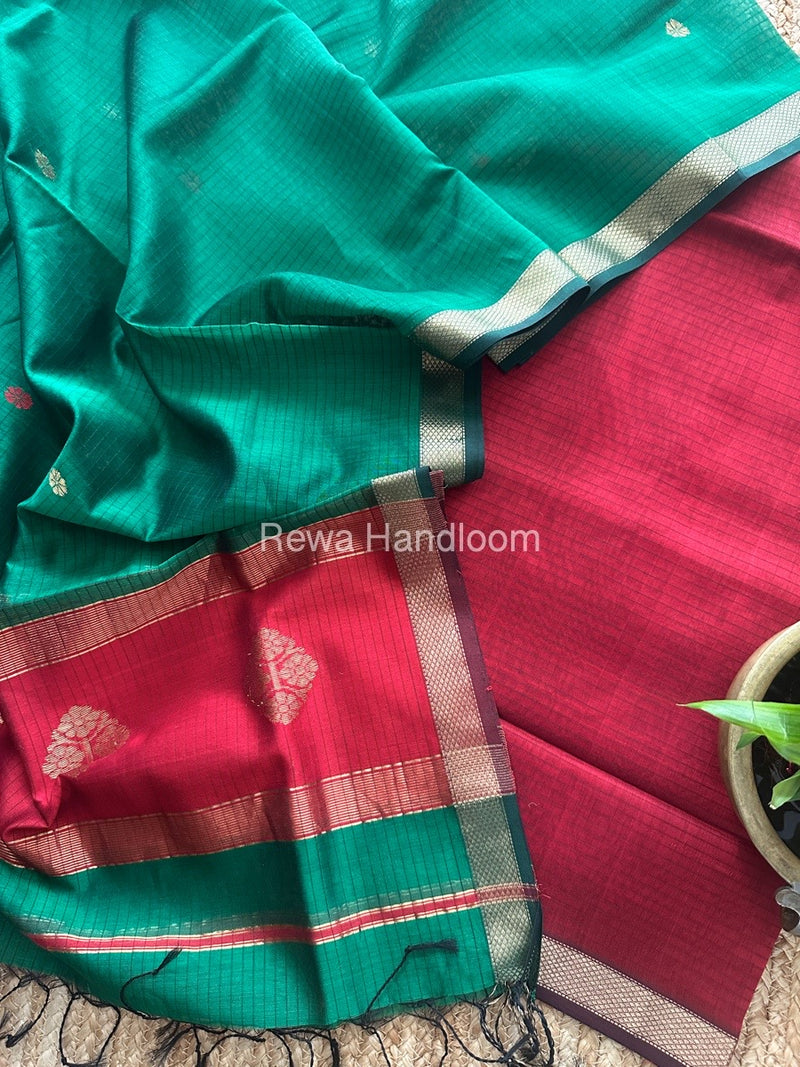 Maheshwari Red-Green Motifs Top-Dupatta Set MS0117