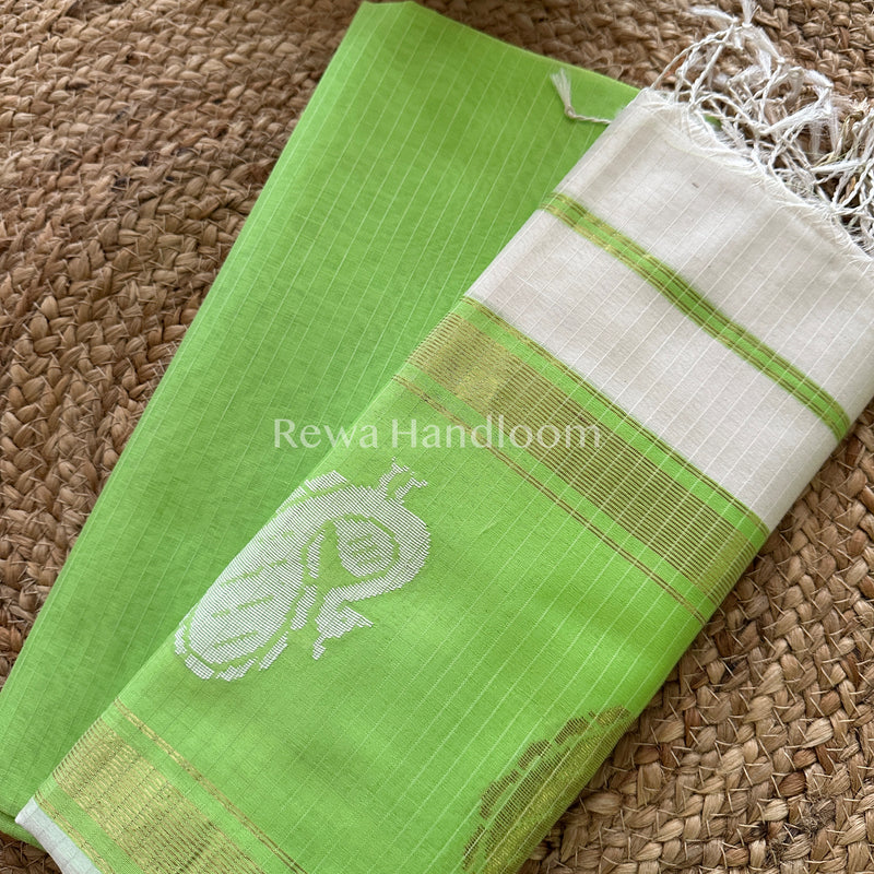 Maheshwari Parrot Green-White Peacock Buta-Buti Top-Dupatta Set-BTP04