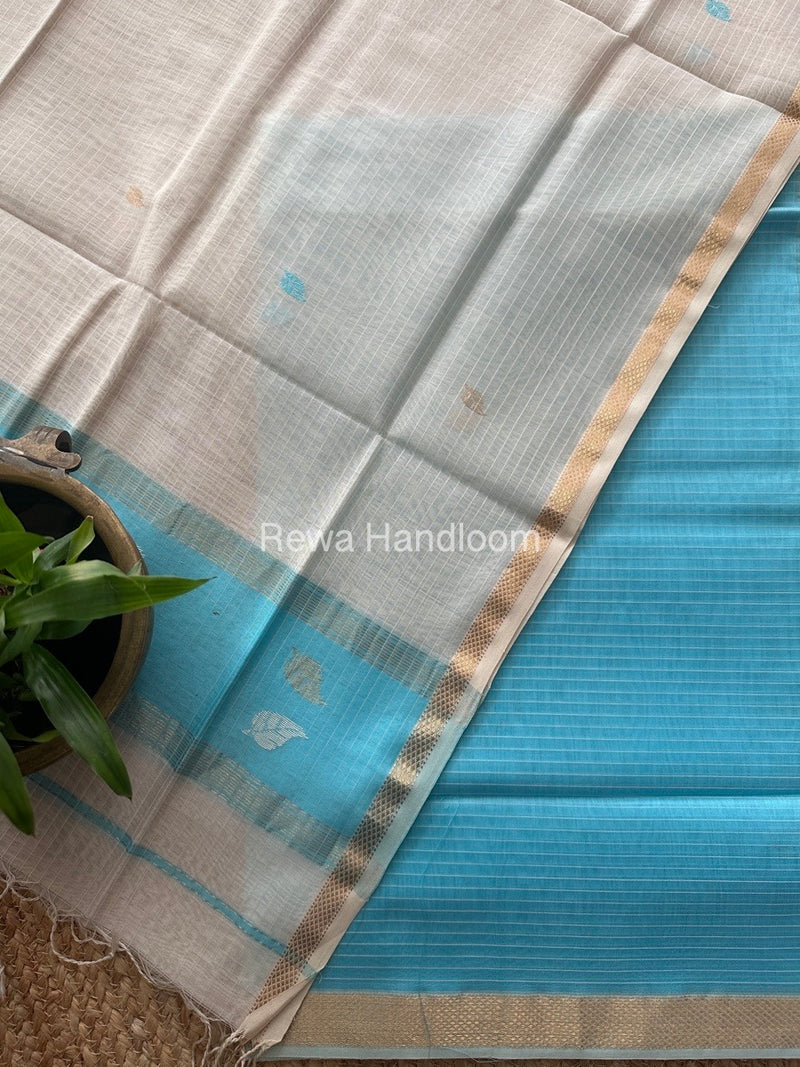 Maheshwari Sky Blue-White Motifs Top-Dupatta Set MS0120