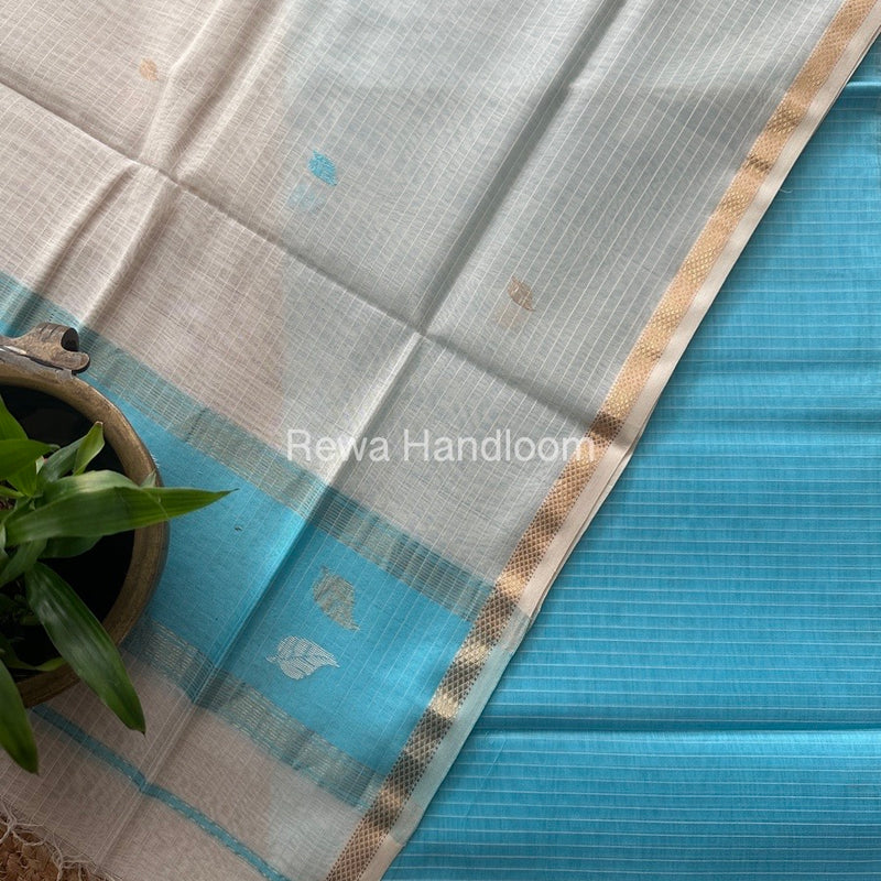 Maheshwari Sky Blue-White Motifs Top-Dupatta Set MS0120