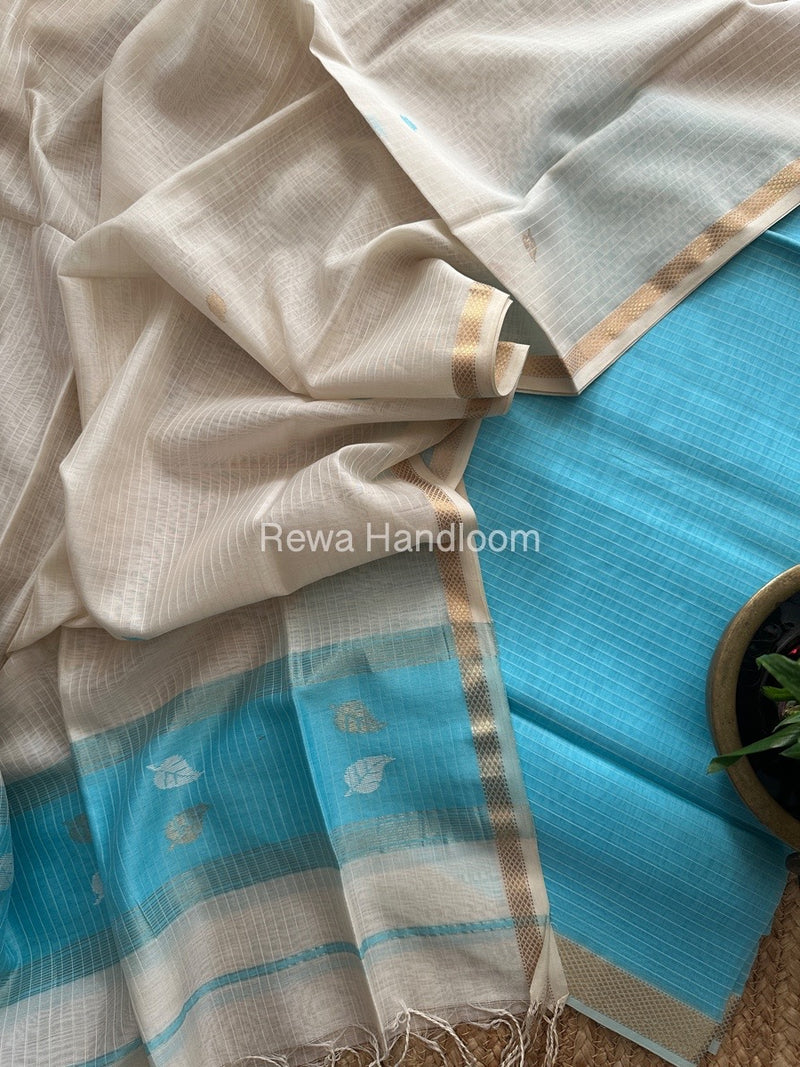 Maheshwari Sky Blue-White Motifs Top-Dupatta Set MS0120