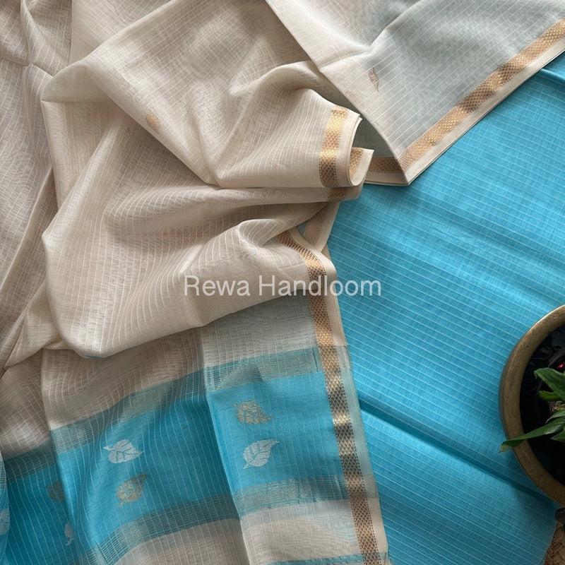 Maheshwari Sky Blue-White Motifs Top-Dupatta Set MS0120