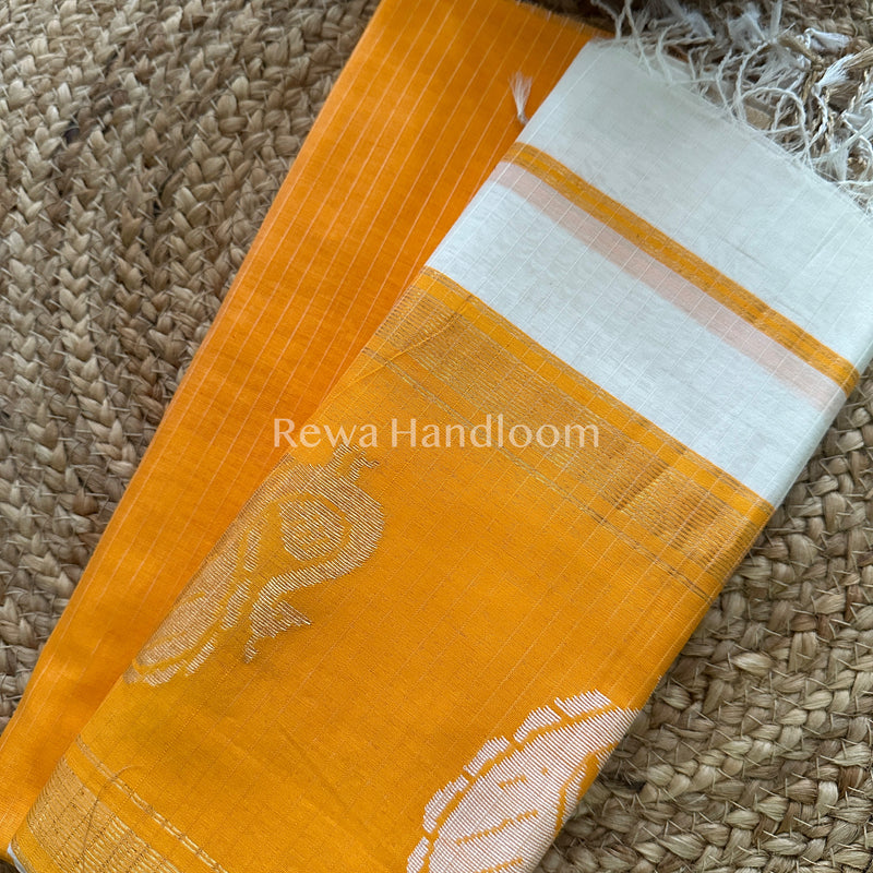 Maheshwari Yellow-White Peacock Buta-Buti Top-Dupatta Set-BTP017