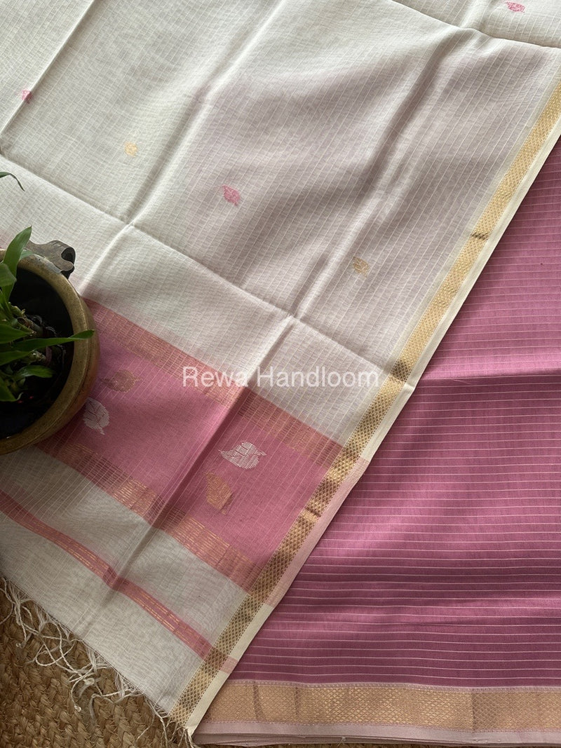 Maheshwari Onion Pink-White Patti Butti Top-Dupatta Set MS075