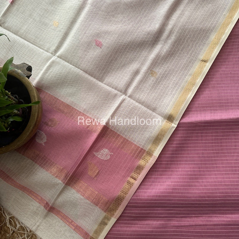 Maheshwari Onion Pink-White Patti Butti Top-Dupatta Set MS075