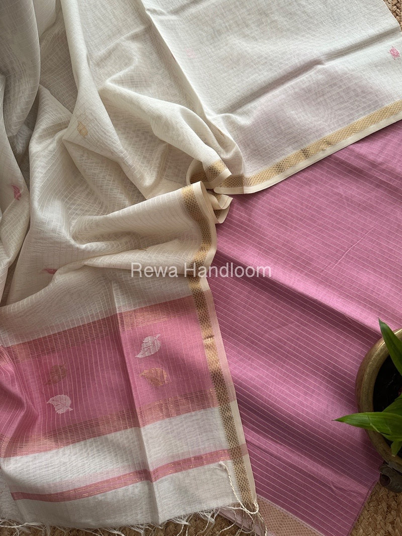 Maheshwari Onion Pink-White Patti Butti Top-Dupatta Set MS075