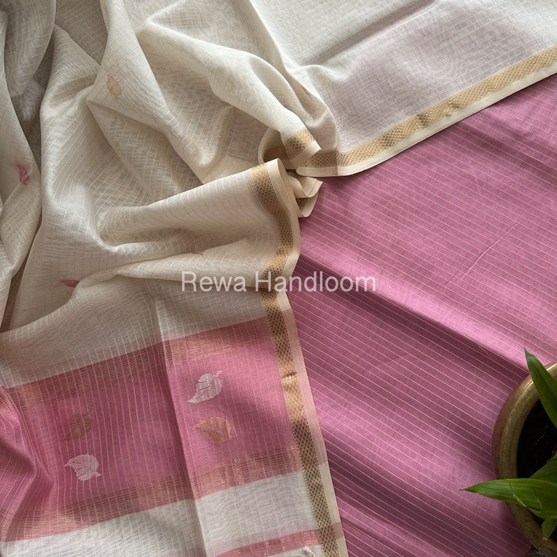 Maheshwari Onion Pink-White Patti Butti Top-Dupatta Set MS075
